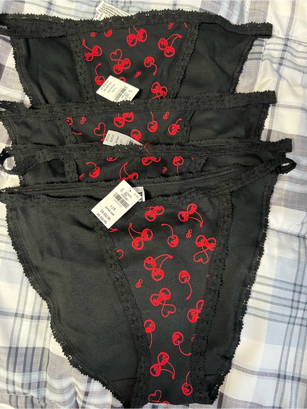 PINK Victoria's Secret Black Bikini Briefs with Red Cherry Print